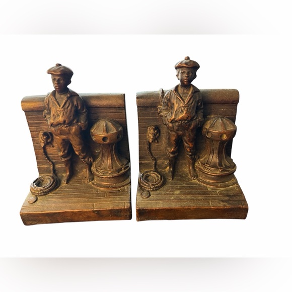 Antique Solid Brass Nautical Bookends Signed KBW | Sailor Maritime Decor - Picture 2 of 11